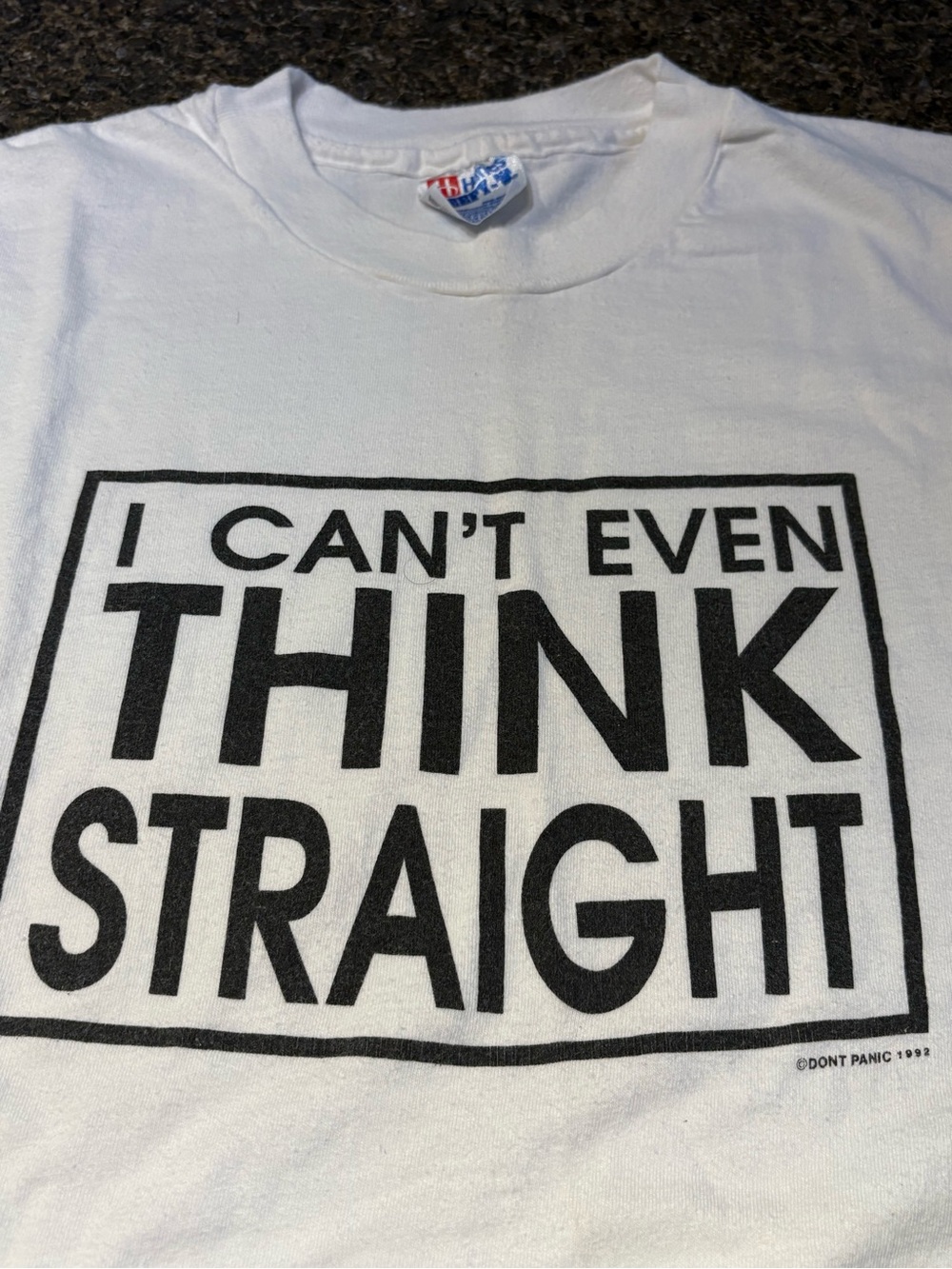 Vintage Men's XL Don’t Panic 1992 Graphic Tee - "I Can't Even Think Straight"